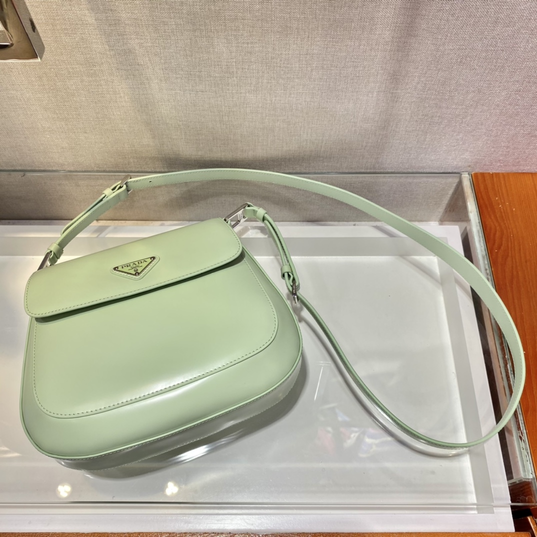 Prada Cleo Brushed Leather Shoulder Bag With Flap Aqua 1BD303